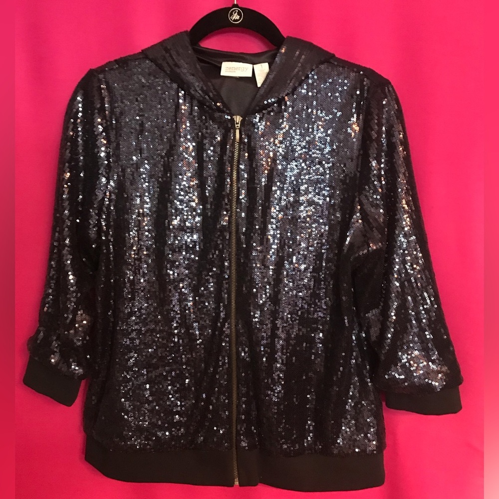 Zenergy by Chico’s Hooded Sequin Jacket - Picture 1 of 3